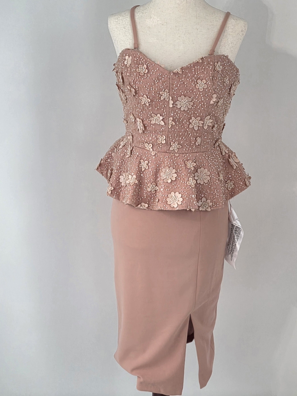 Dress the Population Arabella Blush Sequin Peplum Midi Dress Womens Size XSmall